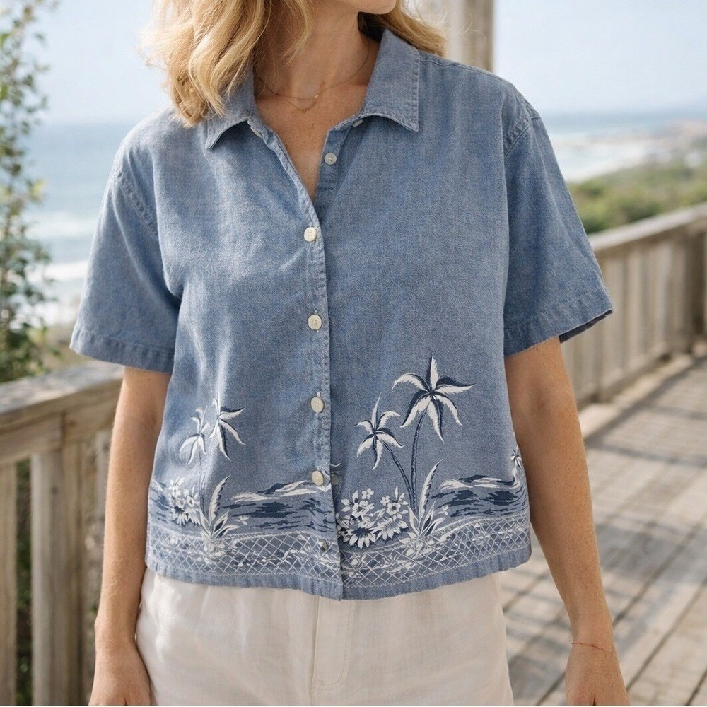 Vintage 90s Capacity Denim Shirt XL Blue Tropical Palm Tree Border‎ Print Boxy